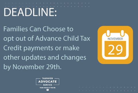 FECHA LÍMITE: Las familias pueden optar por no recibir pagos anticipados del crédito tributario por hijos o realizar otras actualizaciones y cambios antes del 29 de noviembre.